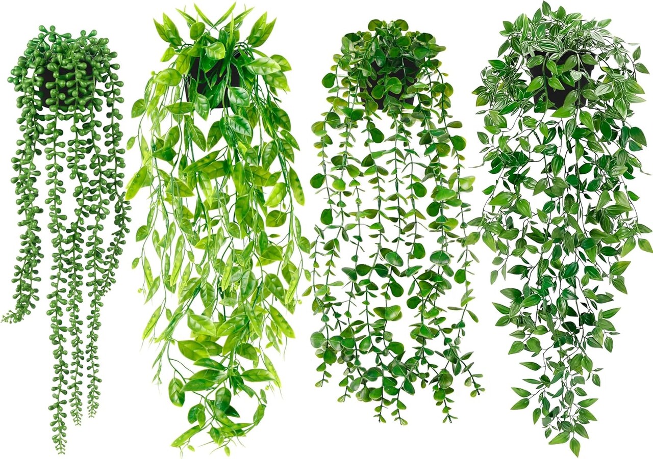 4 Pack Faux Artificial Hanging Plants, Fake Potted Greenery with Eucalyptus Vine, Mandala, Pea Pod Leaves & String of Pearls in Pots for Office, Living Room, Bathroom, Indoor & Outdoor Décor